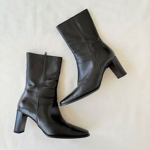 Coach Womens Booties Boots Ankle Black Leather Heel Zip Square Toe Used 6.5 - Picture 1 of 5
